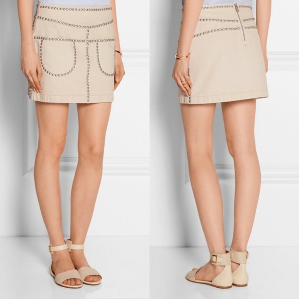 Coach Studded Mini Skirt Beige Light Denim Nude Size 4, New w/Tag